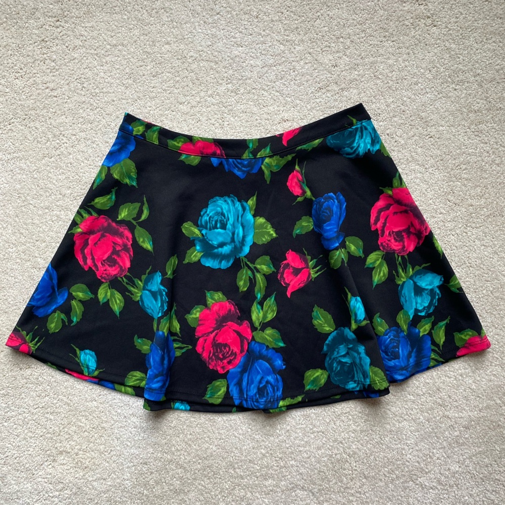 Black Mini Skater Skirt with Blue and Pink Floral Print